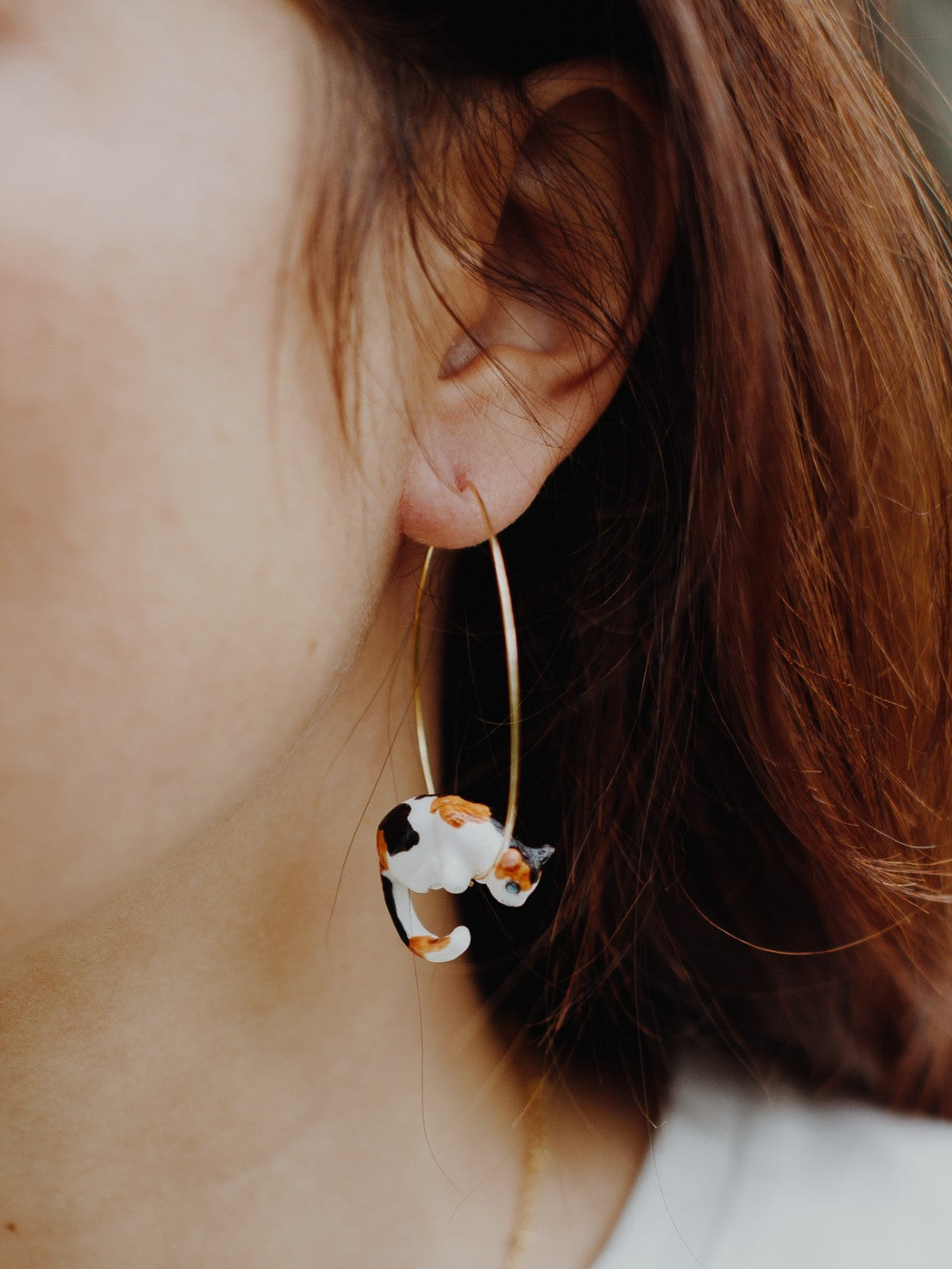 Suspended Brown White and Black Cat Hoop Earring