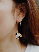Load image into Gallery viewer, Suspended Brown White and Black Cat Hoop Earring
