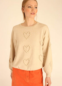 Pom Pom Hearts Sweater in Beige