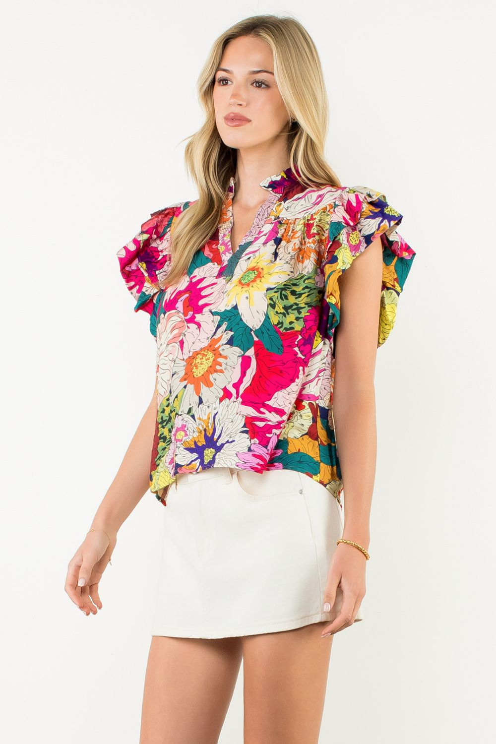 Flutter Sleeve Floral Top in Fuchsia