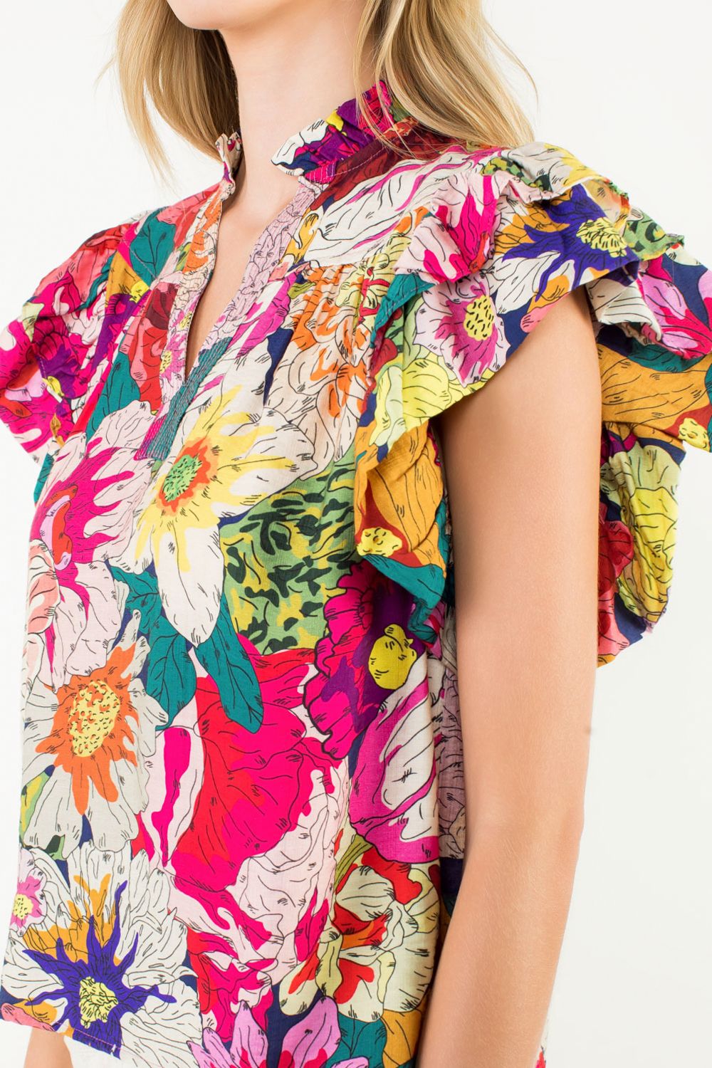 Flutter Sleeve Floral Top in Fuchsia