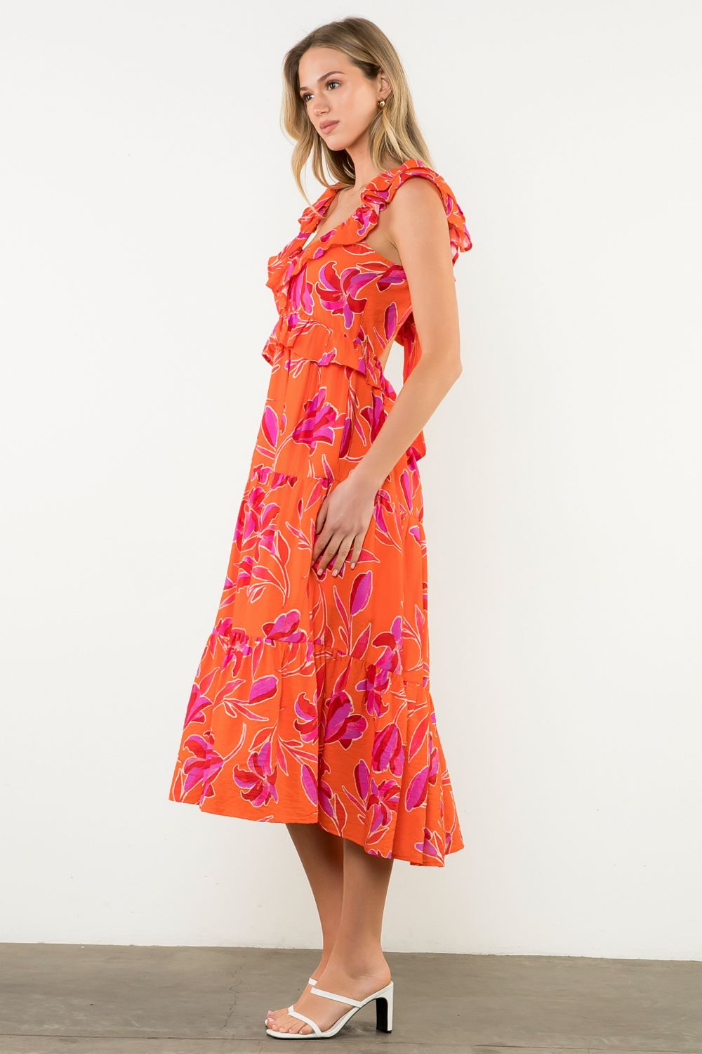 Flutter Sleeve Flower Print Midi Dress in Orange/Pink