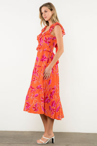 Flutter Sleeve Flower Print Midi Dress in Orange/Pink