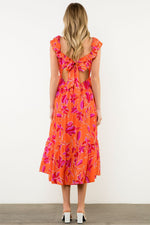 Load image into Gallery viewer, Flutter Sleeve Flower Print Midi Dress in Orange/Pink
