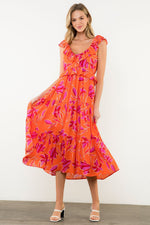Load image into Gallery viewer, Flutter Sleeve Flower Print Midi Dress in Orange/Pink
