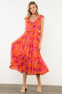 Flutter Sleeve Flower Print Midi Dress in Orange/Pink