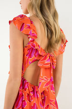 Load image into Gallery viewer, Flutter Sleeve Flower Print Midi Dress in Orange/Pink
