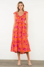 Load image into Gallery viewer, Flutter Sleeve Flower Print Midi Dress in Orange/Pink
