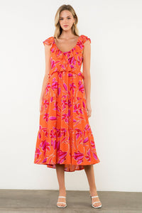 Flutter Sleeve Flower Print Midi Dress in Orange/Pink