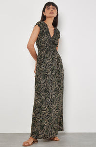 Rustic Leaves Smock Maxi Dress in Khaki