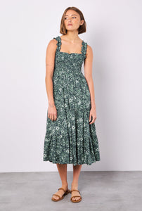 Ditsy Floral Smocked Midi Dress in Navy/Seafoam