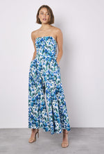 Load image into Gallery viewer, Blurred Ikat Floral Palazzo Bandeau Jumpsuit in Blue
