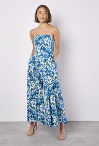 Blurred Ikat Floral Palazzo Bandeau Jumpsuit in Blue