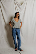 Load image into Gallery viewer, Val Striped V-Neck Tee in Natural/Black
