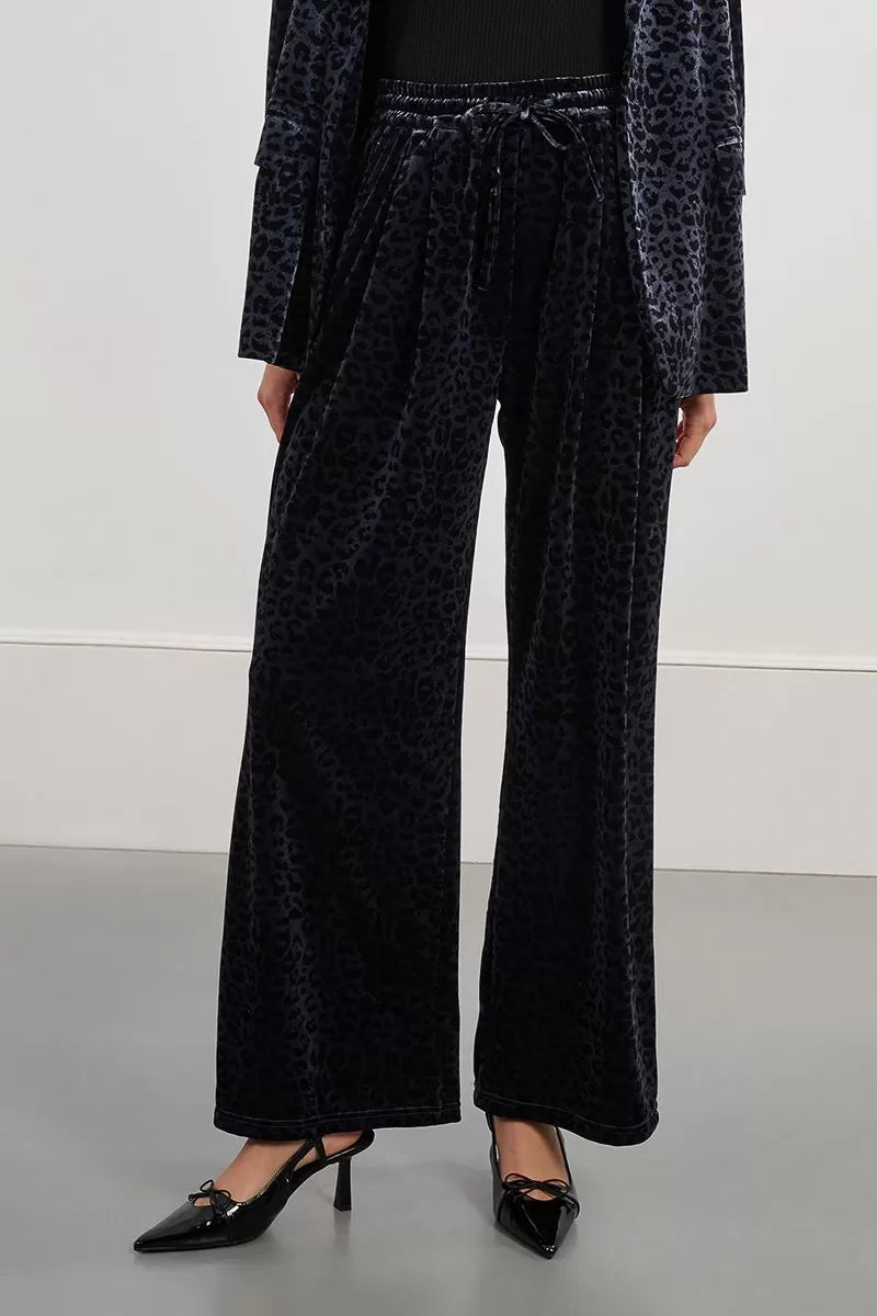 Velvet Leopard Wide Leg Trouser in Dark Grey