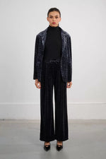Load image into Gallery viewer, Velvet Leopard Wide Leg Trouser in Dark Grey
