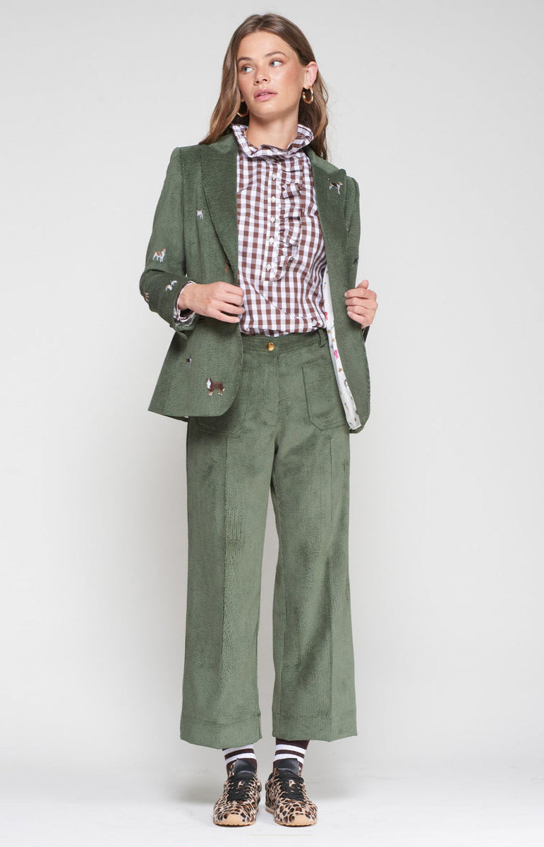 Heather Corduroy Dog Embroidery Blazer in Pana Hunter Green