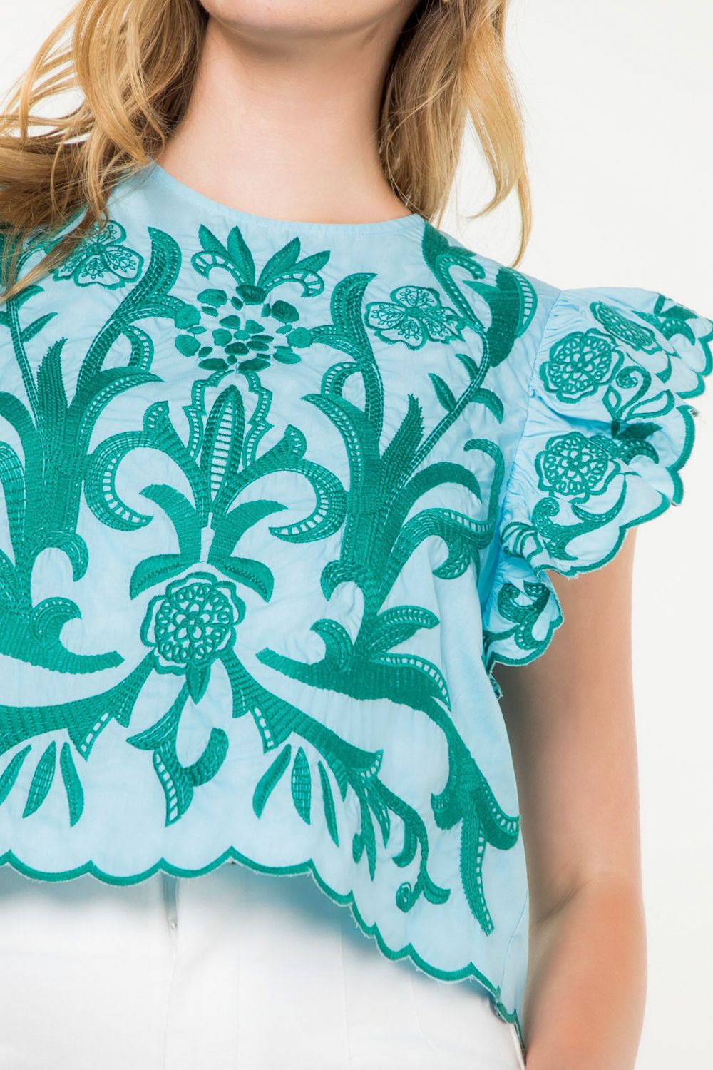 Flutter Sleeve Embroidered Top in Light Blue