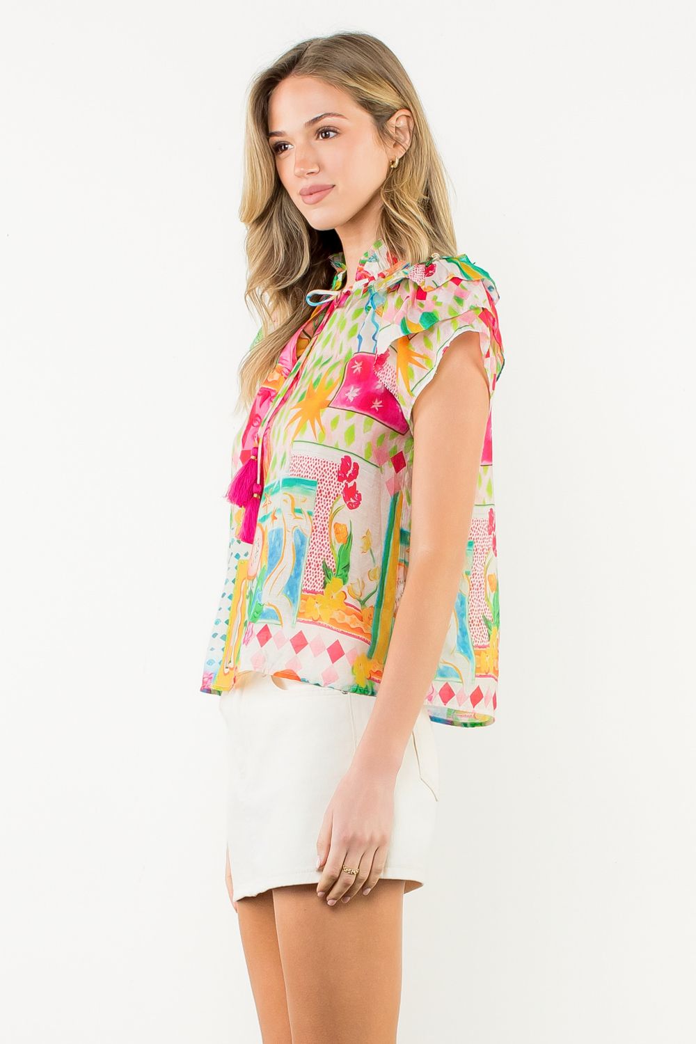 Tassel Tie Flutter Sleeve Floral Top in Pink