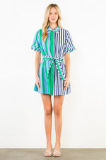 Load image into Gallery viewer, Short Sleeve Collared Striped Dress in Green
