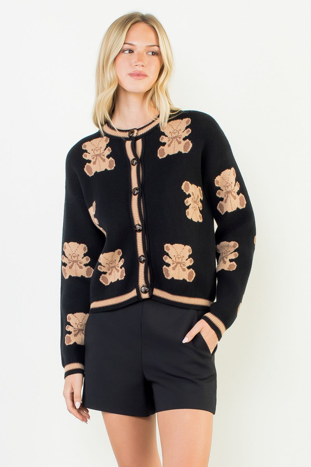 Teddy Bear Knit Cardigan in Black