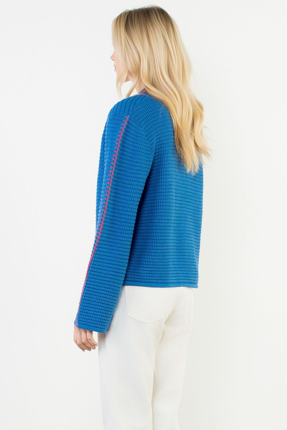 Contrast Blanket Stitch Cardigan in Blue/Red