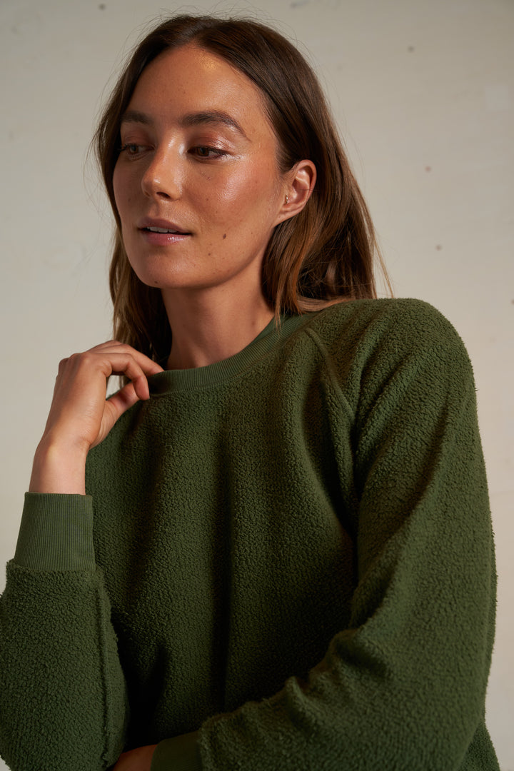 Ziggy Inside Out Cotton Fleece Shrunken Crew Sweatshirt in Fern Green