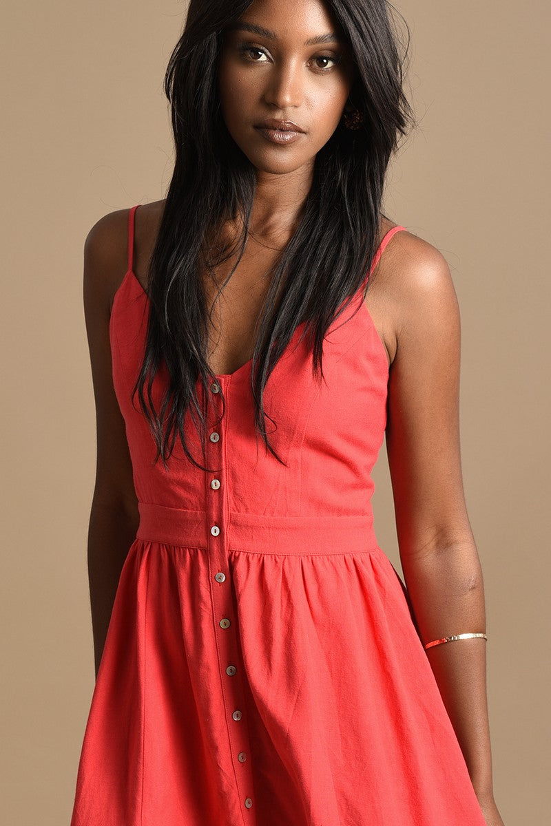 Button Front Mini Dress in Red