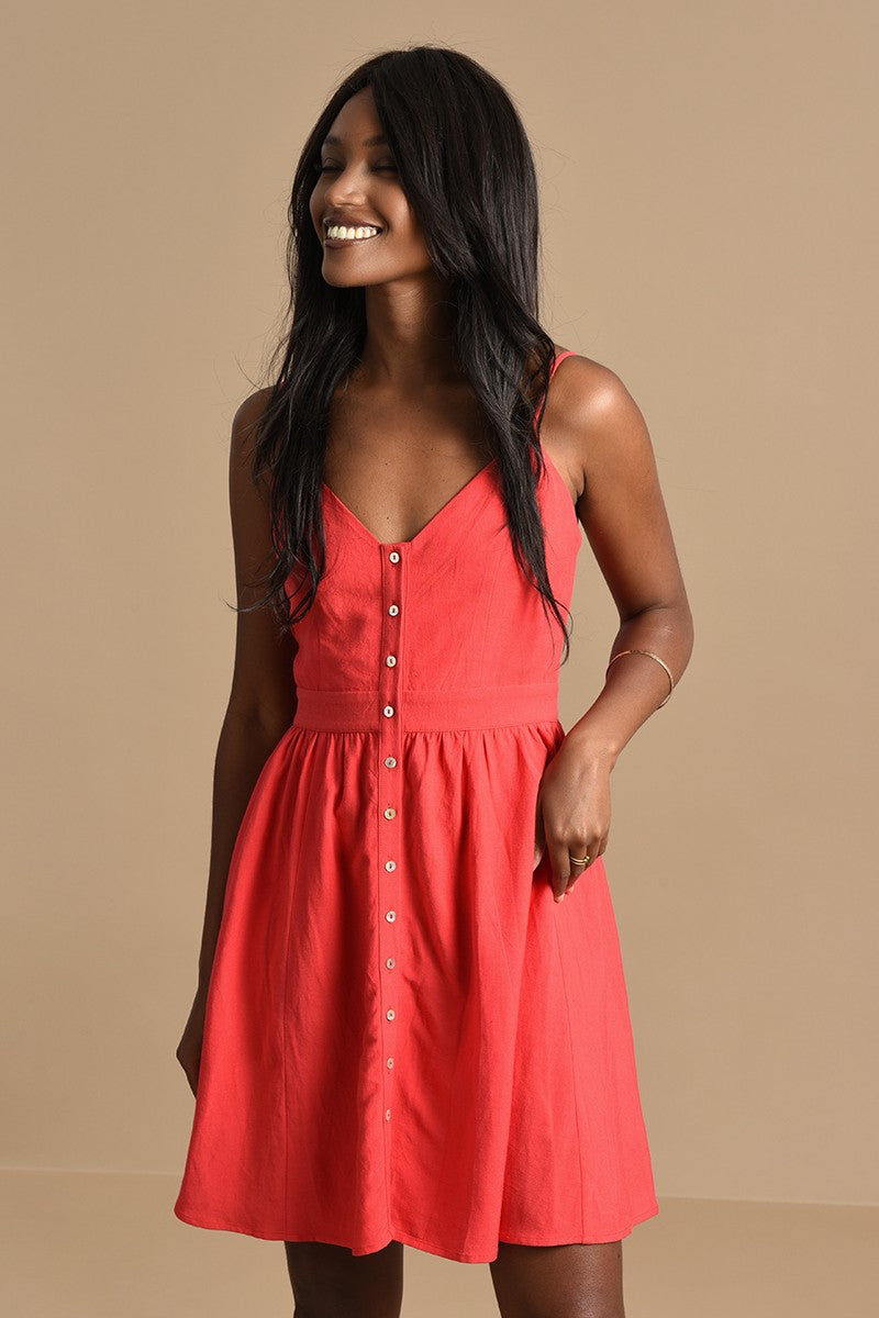 Button Front Mini Dress in Red