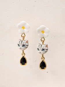 Grey Tabby Cat & Flower Pendant Earrings