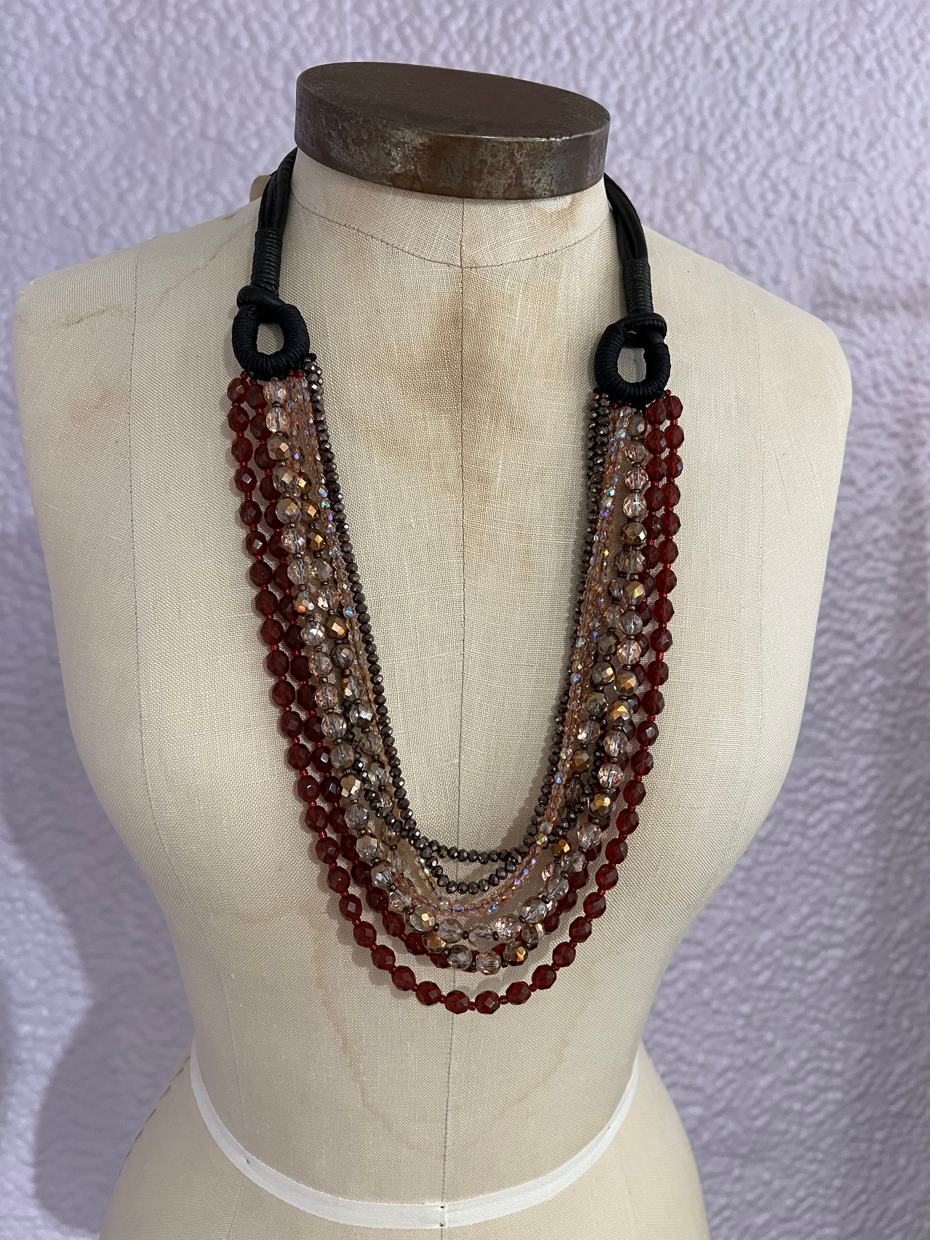 Crystal and Pearl Multi Strand Statement Necklace in Mauve Combo