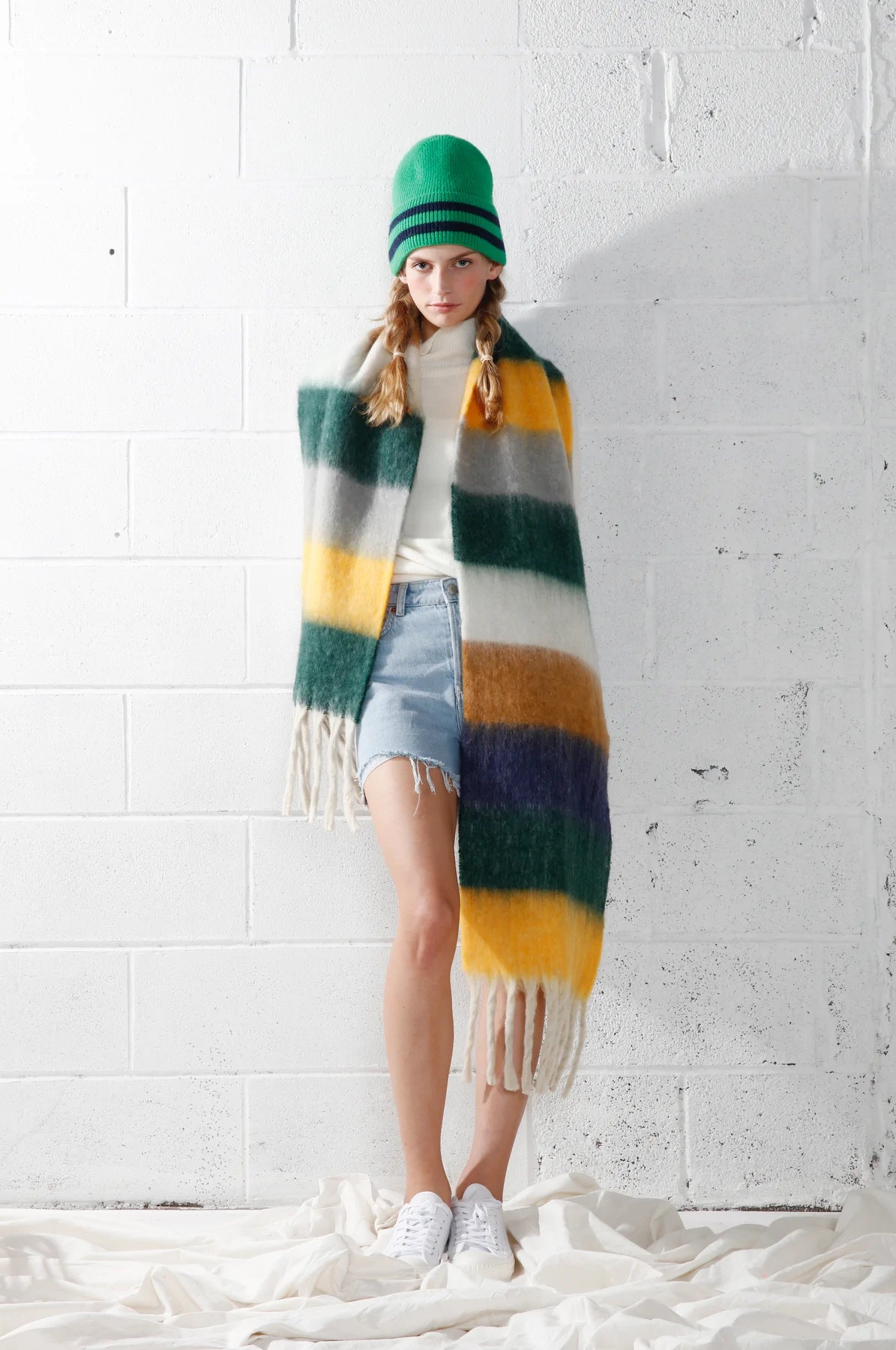 Striped Beanie in Green/Navy