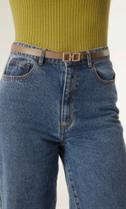 Beige Leather-Effect Slim Belt With Square Buckle