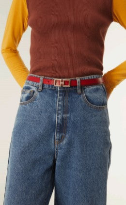 Red Leather-Effect Slim Belt With Square Buckle