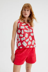 Postcard Print Sleeveless Top in Red Aloha