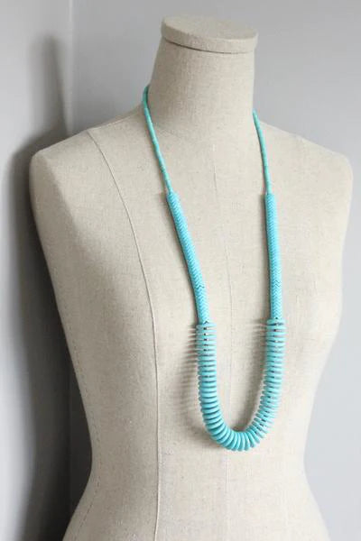 Turquoise Stone Disc and Brass Long necklace