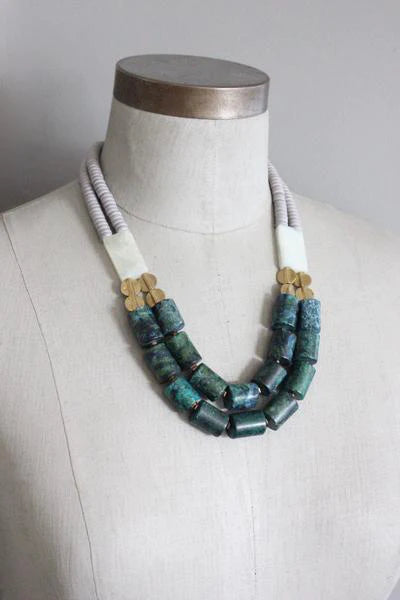 Double Strand Green and Gray Stone Necklace