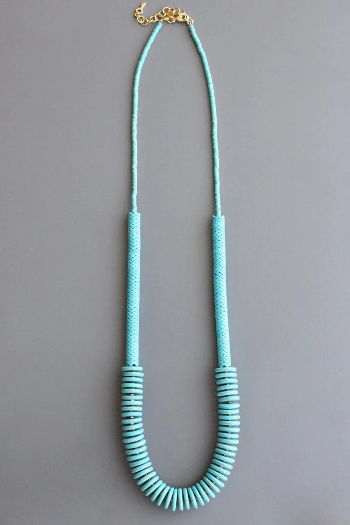 Turquoise Stone Disc and Brass Long necklace